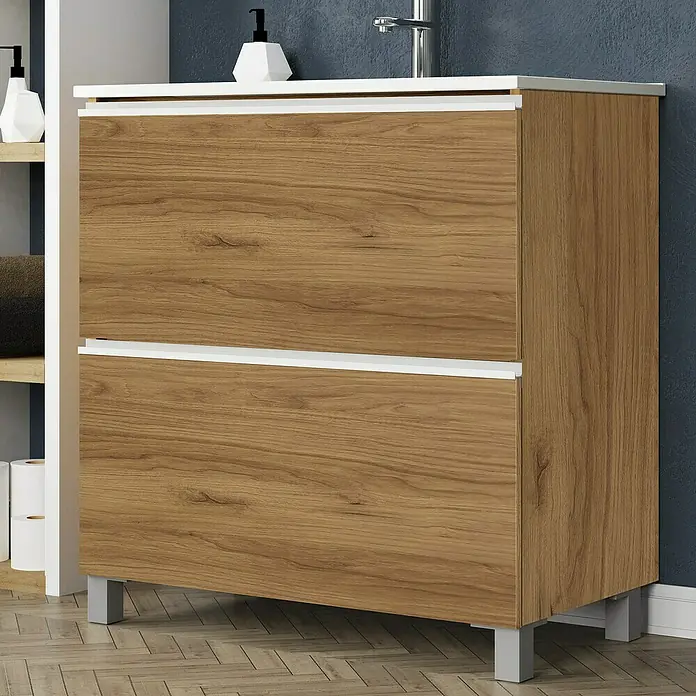Artysan Mueble bajo de lavabo Barcelona 2C - L x An x Al: 44,6 x 80 x 83,3 cm, Roble waira - Mueble de baño moderno de madera con detalles blancos y patas plateadas. Perfecto para cualquier baño.