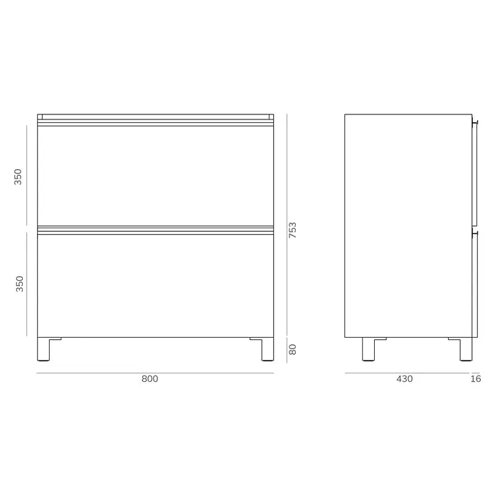 Artysan Mueble bajo de lavabo Barcelona 2C - L x An x Al: 44,6 x 80 x 83,3 cm, Roble waira - Dibujo esquemático de un aparador con dos compartimentos, dimensiones: 800x430x753 mm.