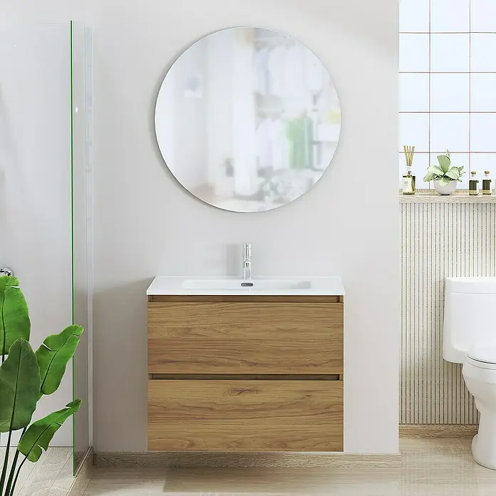 Artysan Conjunto de mueble de baño Basic 2C - Ancho: 70 cm, Ancho total del mueble de baño: 70 cm, Roble waira, 3 pzs. - Mueble de baño con textura de madera y espejo redondo. El diseño moderno añade un toque elegante a cualquier baño.