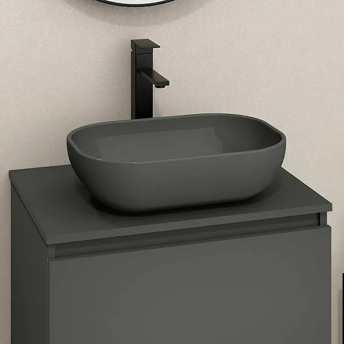 Artysan Mueble bajo de lavabo Kenia Top - Ancho: 60 cm, Antracita - Lavabo de baño moderno en gris con grifo negro. Diseño elegante para baños con estilo.