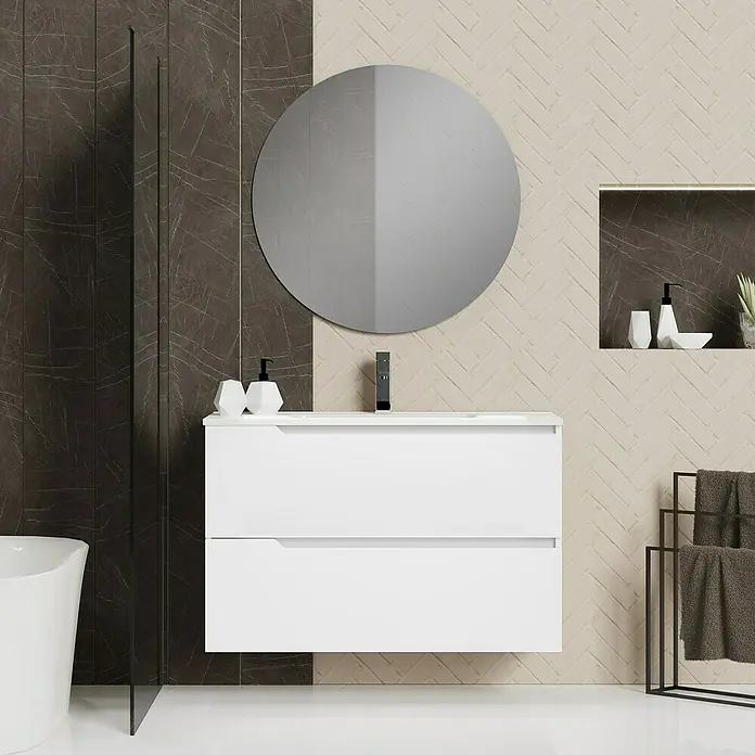 Artysan Conjunto de mueble de baño Zeus - Ancho: 100 cm, 3 pzs., Blanco, Mate - Baño con un moderno tocador flotante blanco con dos cajones y un espejo redondo.