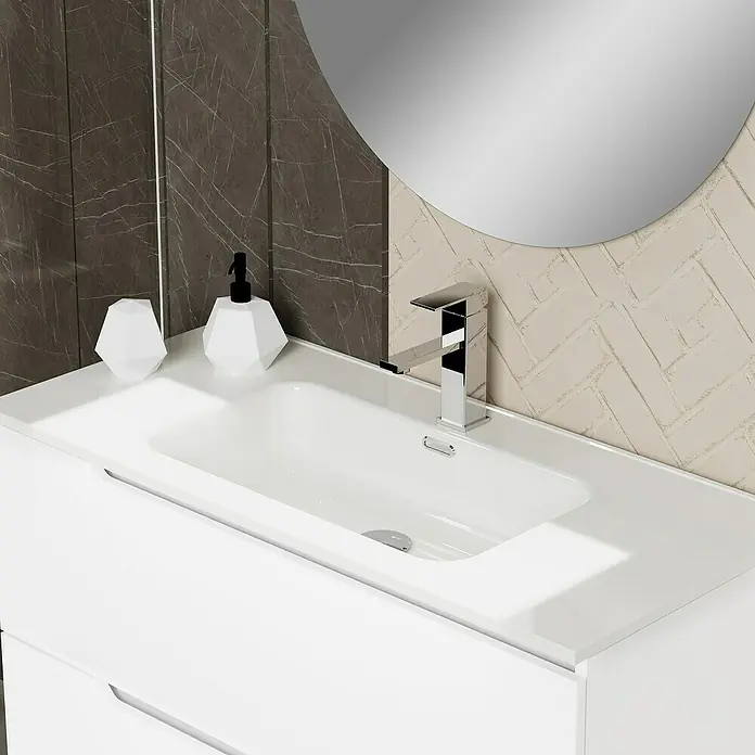 Artysan Conjunto de mueble de baño Zeus - Ancho: 100 cm, 3 pzs., Blanco, Mate - Primer plano de un baño moderno con lavabo blanco, grifo y espejo. Diseño elegante para un ambiente con estilo minimalista.