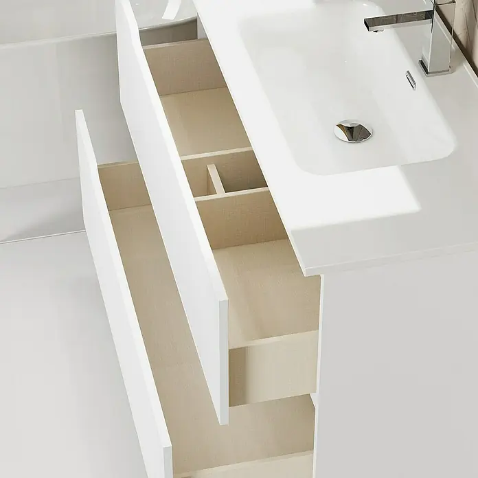 Artysan Conjunto de mueble de baño Zeus - Ancho: 100 cm, 3 pzs., Blanco, Mate - Primer plano de un moderno mueble de baño blanco con cajones abiertos, destacando su diseño elegante y la funcionalidad.