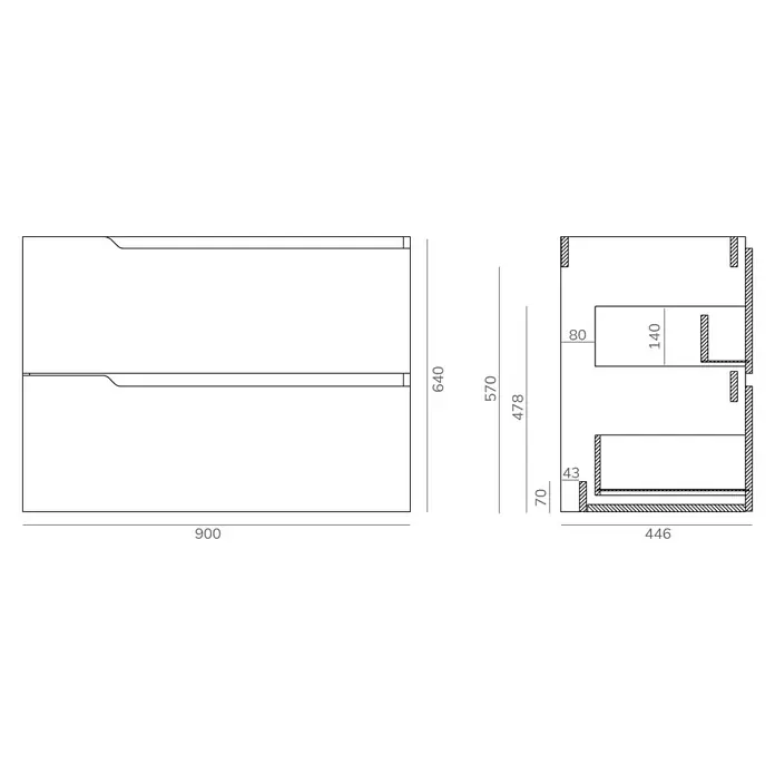 Artysan Mueble bajo de lavabo Zeus - L x An x Al: 44,6 x 90 x 64 cm, Blanco - Boceto de un moderno mueble bajo lavabo con cajones y dimensiones precisas para la planificación.