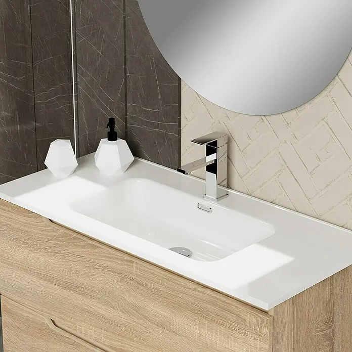 Artysan Conjunto de mueble de baño Zeus - Ancho: 100 cm, 3 pzs., Natural, Mate - Elegante lavabo de baño con superficie blanca y mueble de madera, complementado con grifo moderno y accesorios con estilo.