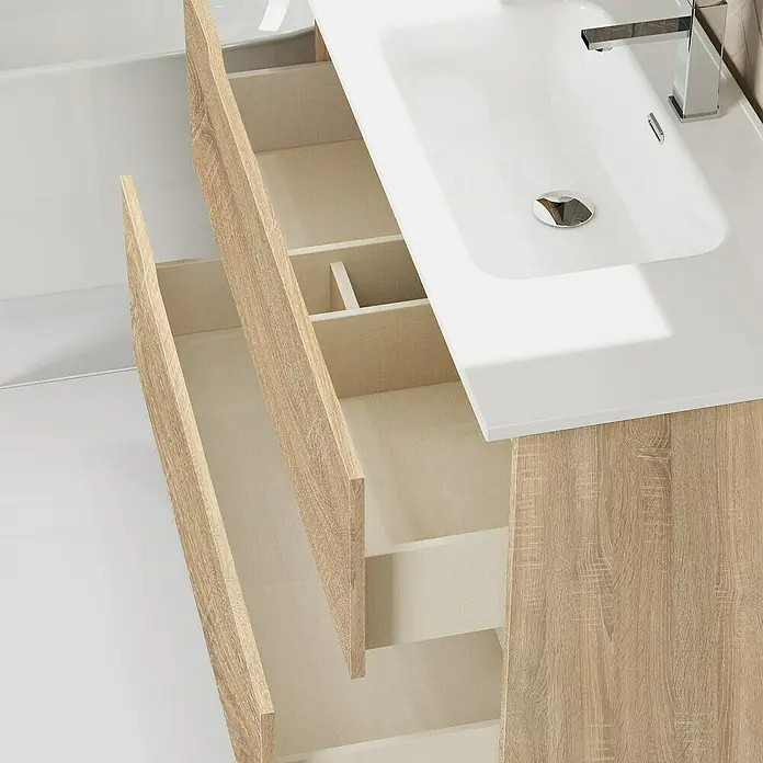 Artysan Conjunto de mueble de baño Zeus - Ancho: 100 cm, 3 pzs., Natural, Mate - El mueble de baño de color claro con cajones abiertos ofrece mucho espacio de almacenamiento y es un complemento elegante para cualquier baño.