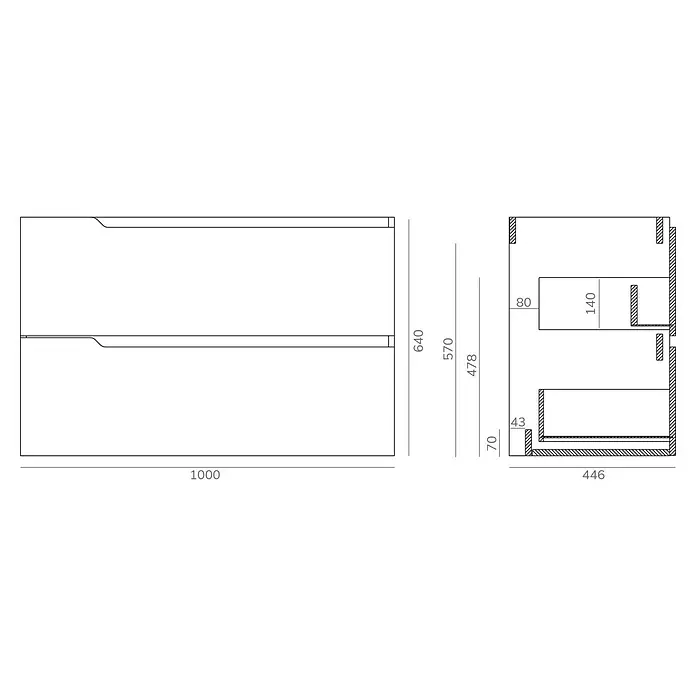 Artysan Mueble bajo de lavabo Zeus - L x An x Al: 44,6 x 100 x 64 cm, Blanco - Plano detallado de un armario con cajones y compartimentos internos, mostrando diversas dimensiones y un dibujo técnico.
