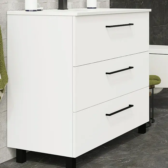 Artysan Conjunto de mueble de baño Arosa 3C - Ancho: 100 cm, 3 pzs., Blanco, Mate - Lavabo de baño blanco moderno con tres cajones y tiradores negros. Diseño elegante para cualquier baño.