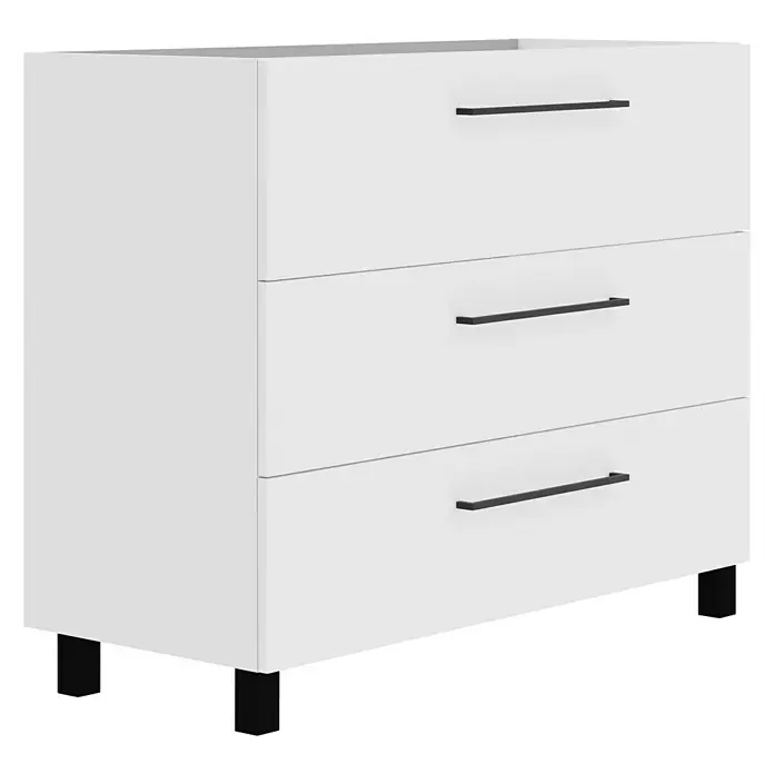 Artysan Mueble bajo de lavabo Arosa 3C - L x An x Al: 44,6 x 100 x 83,3 cm, Blanco - Aparador blanco con tres cajones y tiradores negros. El mueble se apoya sobre pequeños pies negros.