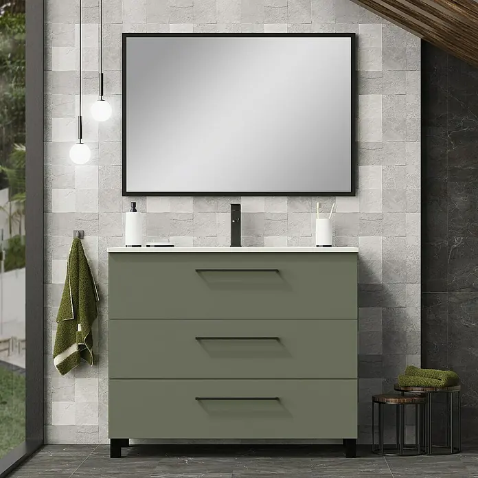 Artysan Mueble bajo de lavabo Arosa 3C - L x An x Al: 44,6 x 100 x 83,3 cm, Musgo - Moderno baño con tocador verde oliva de tres cajones, espejo con marco negro e iluminación elegante.