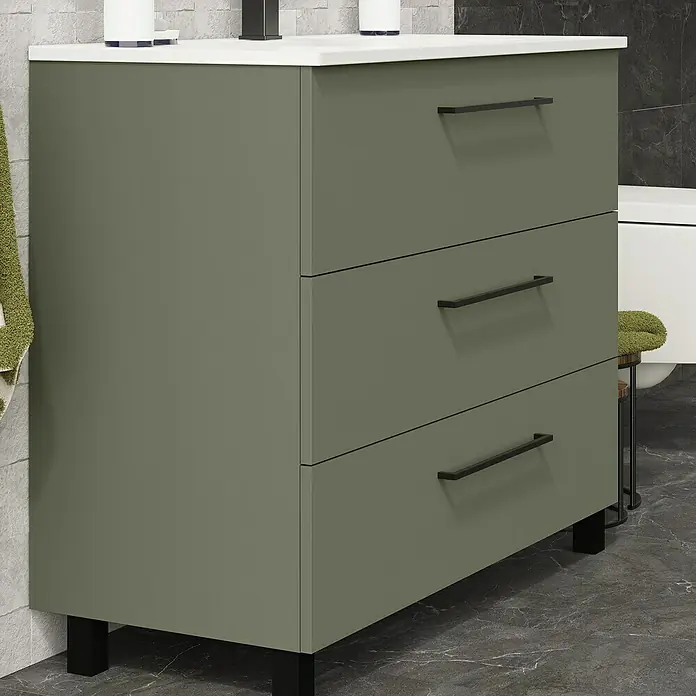Artysan Conjunto de mueble de baño Arosa 3C - Ancho: 100 cm, 3 pzs., Verde musgo, Mate - Un elegante mueble de baño de color verde oliva con tres cajones, tiradores y patas negros, coronado con una encimera blanca.