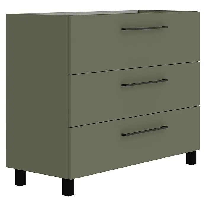 Artysan Mueble bajo de lavabo Arosa 3C - L x An x Al: 44,6 x 100 x 83,3 cm, Musgo - Aquí hay una cómoda con tres cajones en un color verde tenue, con tiradores y patas negras minimalistas.