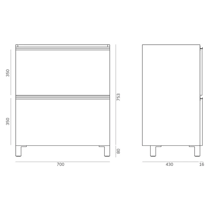 Artysan Mueble bajo de lavabo Barcelona 2C - L x An x Al: 44,6 x 70 x 83,3 cm, Roble waira - Esquema técnico de un mueble de baño con cajones, mostrando sus dimensiones y proporciones generales.
