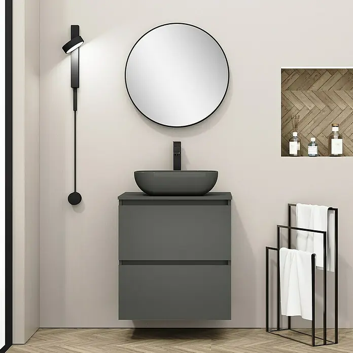 Artysan Mueble bajo de lavabo Kenia Top - Ancho: 60 cm, Antracita - Mueble de baño moderno con espejo y toallero en elegante gris para un ambiente de baño sofisticado.