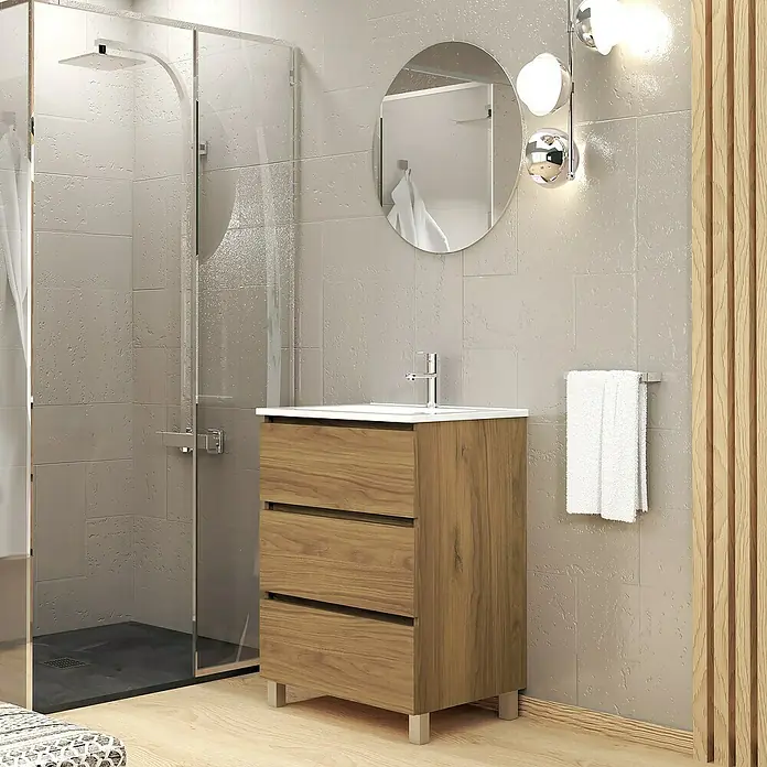 Artysan Conjunto de mueble de baño Basic 3C - Ancho: 70 cm, Ancho total del mueble de baño: 70 cm, Roble waira, 3 pzs. - Interior de baño moderno con un elegante tocador de madera con tres cajones, un espejo redondo y una ducha a ras de suelo.