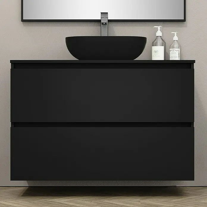 Artysan Mueble bajo de lavabo Kenia Top - Ancho: 100 cm, Negro - Elegante mueble de baño negro flotante con dos cajones, lavabo sobre encimera redondo y grifo bajo un espejo.