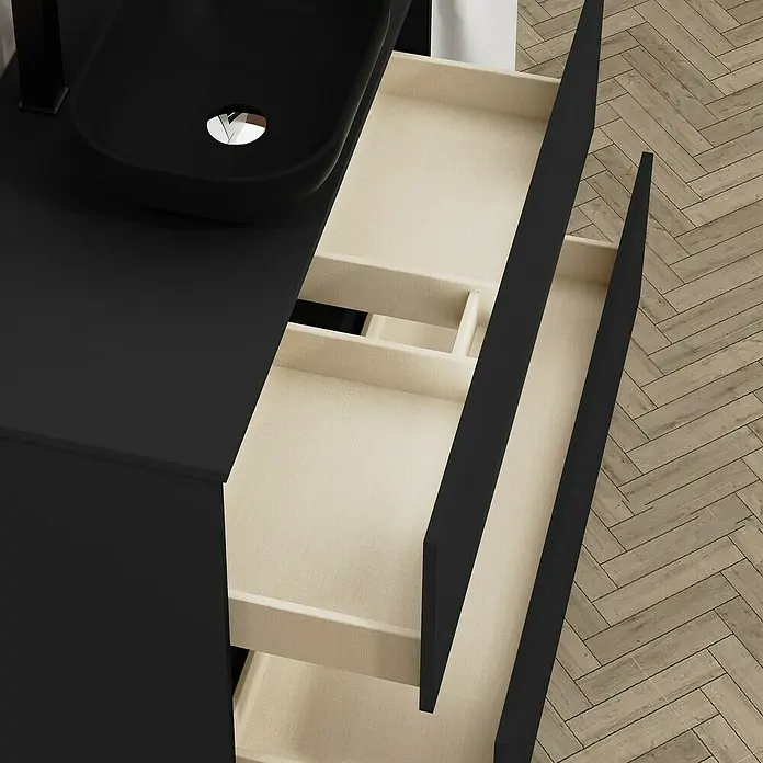 Artysan Mueble bajo de lavabo Kenia Top - Ancho: 100 cm, Negro - Mueble de baño negro con cajones abiertos que ofrecen un gran almacenamiento y un diseño elegante de baño.