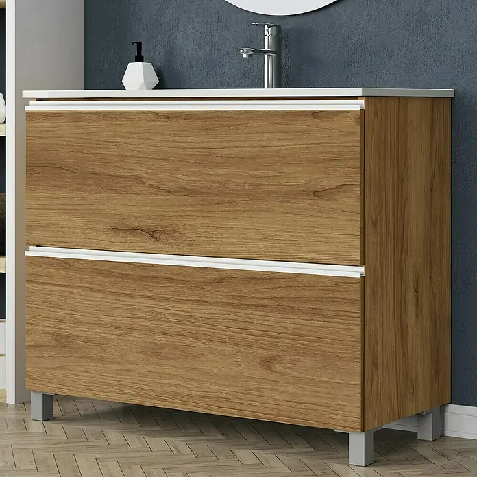 Artysan Mueble bajo de lavabo Barcelona 2C - L x An x Al: 44,6 x 100 x 83,3 cm, Roble waira - Mueble de baño con textura de vetas de madera y detalles en blanco, ofreciendo un diseño moderno y elegante para cualquier baño.