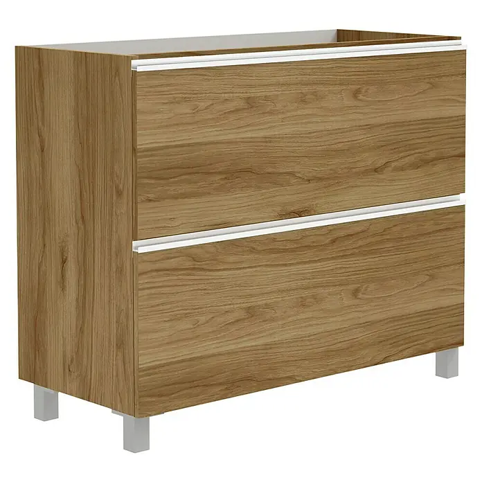 Artysan Mueble bajo de lavabo Barcelona 2C - L x An x Al: 44,6 x 100 x 83,3 cm, Roble waira - Imagen de un moderno mueble de baño con aspecto de madera con dos cajones y tiradores blancos, ideal para un diseño elegante del baño.