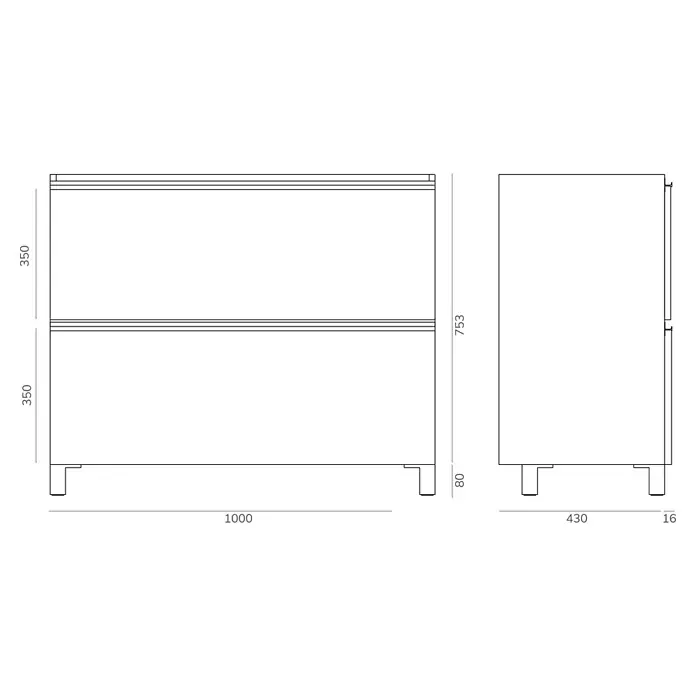 Artysan Mueble bajo de lavabo Barcelona 2C - L x An x Al: 44,6 x 100 x 83,3 cm, Blanco - Dibujo acotado de un mueble bajo lavabo con las medidas exactas. Las dimensiones se dan en milímetros.