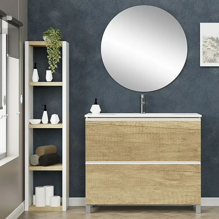 Artysan Mueble bajo de lavabo Barcelona 2C - L x An x Al: 44,6 x 100 x 83,3 cm, Nature - Interior de baño con mueble de lavabo con aspecto de madera, espejo redondo y estante con objetos decorativos.