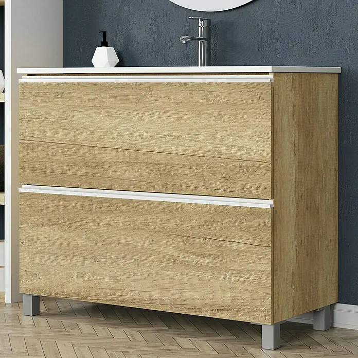 Artysan Mueble bajo de lavabo Barcelona 2C - L x An x Al: 44,6 x 100 x 83,3 cm, Nature - Mueble de baño de madera con dos cajones y patas plateadas, ideal para el baño.