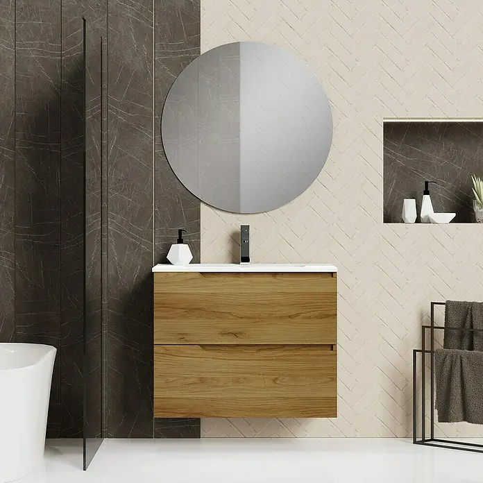 Artysan Conjunto de mueble de baño Zeus - Ancho: 80 cm, 3 pzs., Teka, Mate - Interior de baño moderno con un elegante mueble de lavabo de madera y espejo redondo.