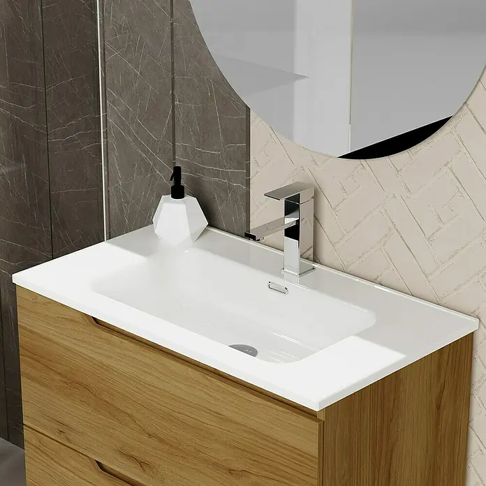 Artysan Conjunto de mueble de baño Zeus - Ancho: 80 cm, 3 pzs., Teka, Mate - Mueble de baño con lavabo sobre encimera blanco y grifo cromado. Diseño atemporal para tu baño.