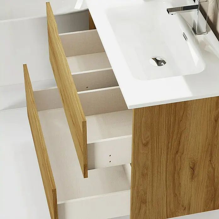 Artysan Conjunto de mueble de baño Zeus - Ancho: 80 cm, 3 pzs., Teka, Mate - Imagen de un moderno mueble de baño con lavabo y cajones abiertos, aspecto de madera.