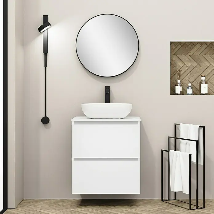 Artysan Mueble bajo de lavabo Kenia Top - Ancho: 70 cm, Blanco - Mueble de baño con espejo redondo, iluminación minimalista y toallero para un ambiente moderno.