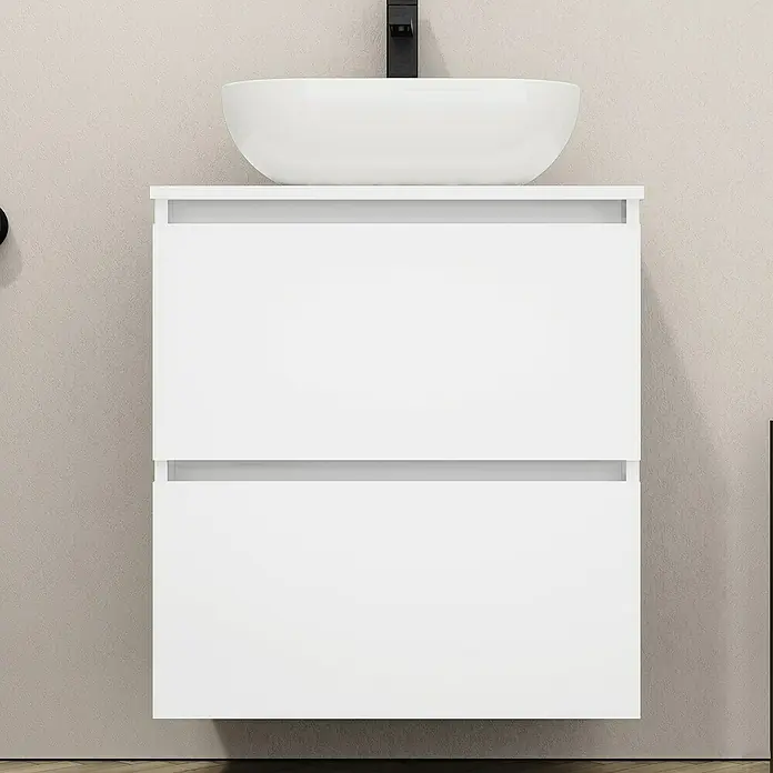 Artysan Mueble bajo de lavabo Kenia Top - Ancho: 70 cm, Blanco - Un moderno tocador blanco con dos cajones y un lavabo sobre encimera. El diseño es simple y elegante, perfecto para un baño minimalista.