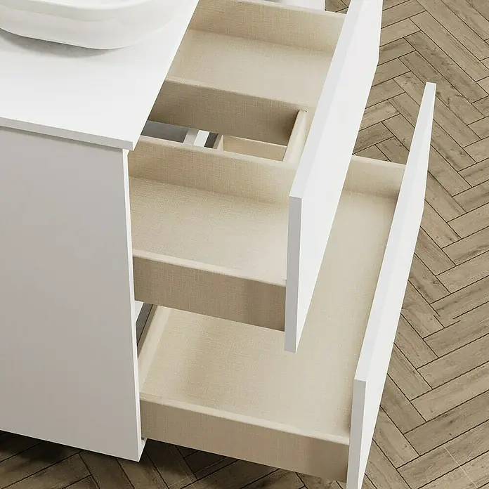 Artysan Mueble bajo de lavabo Kenia Top - Ancho: 70 cm, Blanco - Vista detallada de un moderno mueble de baño blanco con cajones abiertos, que muestra un interior de textura clara.