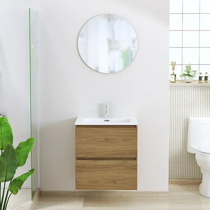 Artysan Conjunto de mueble de baño Basic 2C - Ancho: 60 cm, Ancho total del mueble de baño: 60 cm, Roble waira, 3 pzs. - Mueble de baño con dos cajones y un espejo redondo encima, creando un ambiente moderno y elegante.