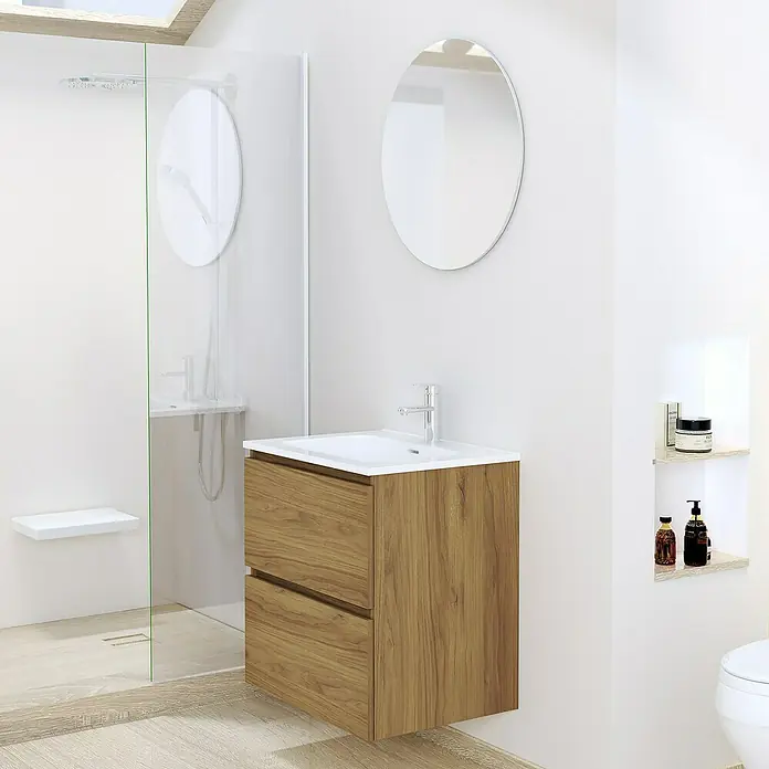 Artysan Conjunto de mueble de baño Basic 2C - Ancho: 60 cm, Ancho total del mueble de baño: 60 cm, Roble waira, 3 pzs. - Baño moderno con mueble de madera, espejo redondo y cabina de ducha.