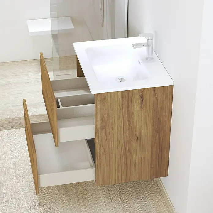 Artysan Conjunto de mueble de baño Basic 2C - Ancho: 60 cm, Ancho total del mueble de baño: 60 cm, Roble waira, 3 pzs. - Mueble de baño con lavabo y dos cajones abiertos en aspecto de madera. El tocador es blanco y el grifo es cromado.