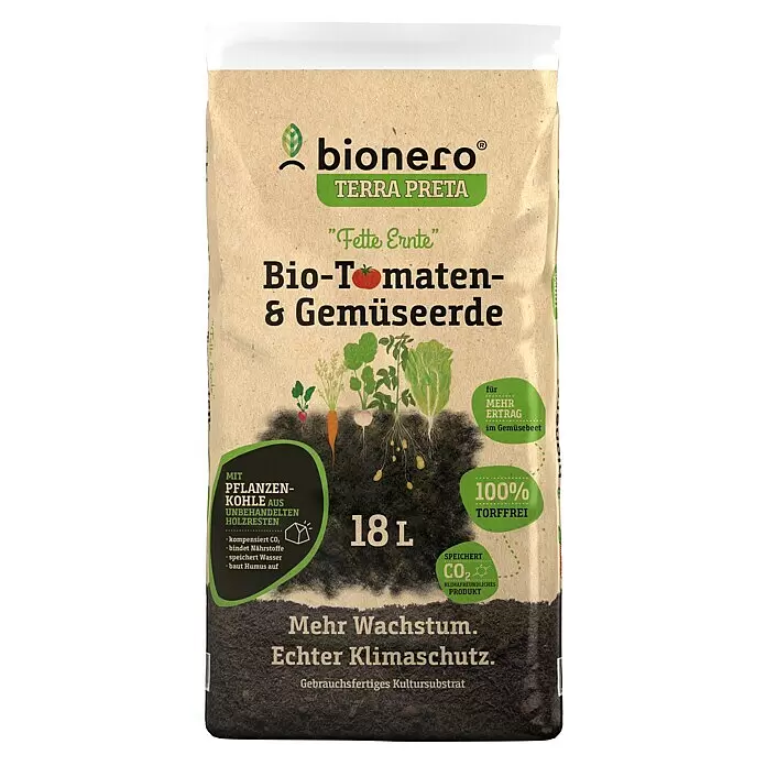 bionero Terra Preta Tomaten- & Gemüseerde fette Ernte - 18 l - Brauner 18L Sack Bionero Bio-Tomaten- & Gemüseerde, torffrei und mit Pflanzenkohle.