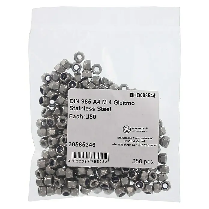 Marinetech Stoppmutter - Gewinde: M 4, Edelstahl, A4, 250 Stk. - Eine transparente Verpackung mit DIN 985 A4 M4 Gleitmo Edelstahl Muttern, ideal für verschiedene Befestigungsanwendungen.