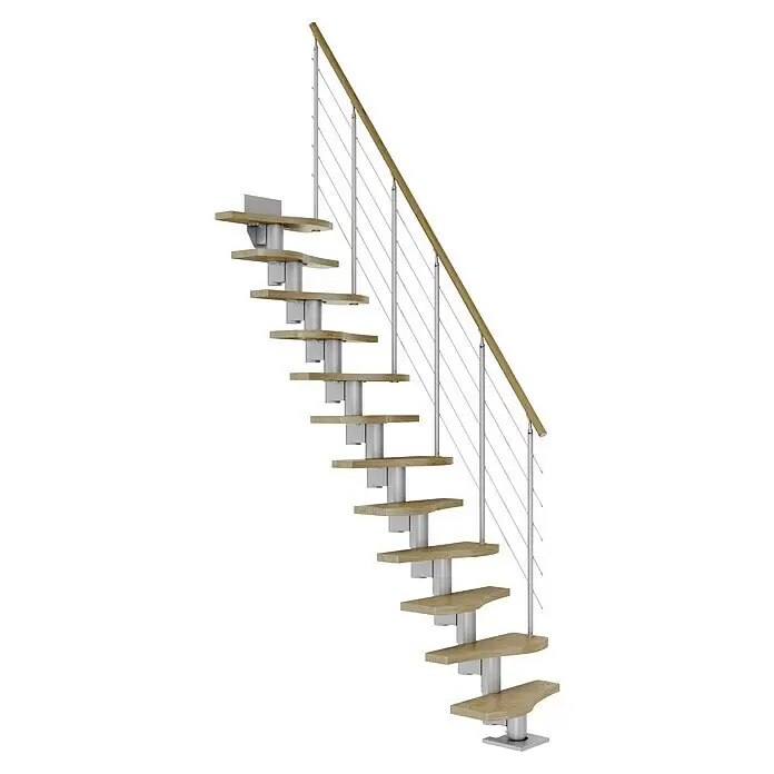 Dolle Mittelholmtreppe Basel - Breite: 64 mm, Perlgrau, Variabel, Farbe Stufen: Eiche Natur, Geschosshöhe: 222 cm - 270 cm - Moderne schwebende Treppe mit hellen Holzstufen, silbernen Metallstützen und Holzhandlauf mit Seilgeländer.