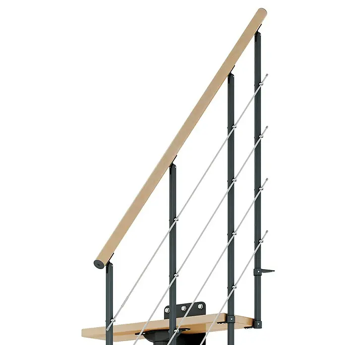 Dolle Mittelholmtreppe Boston - Breite: 74 mm, Anthrazitgrau, Gerade, Farbe Stufen: Buche Natur, Geschosshöhe: 228 cm - 300 cm - Das Bild zeigt ein modernes Treppengeländer mit Holzhandlauf und Stahlseilen, das elegant und sicher ist.