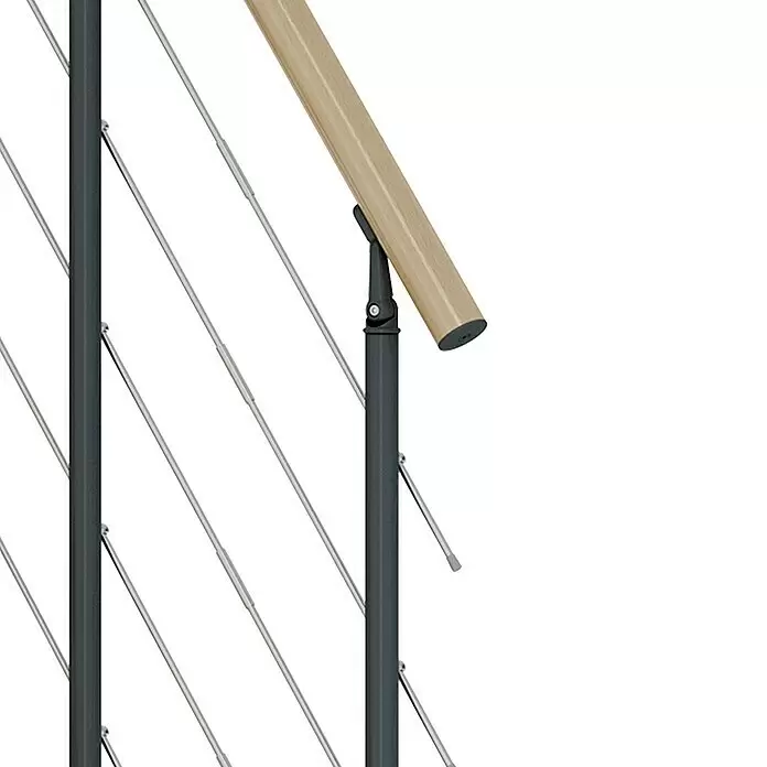 Dolle Mittelholmtreppe Basel - Breite: 64 mm, Anthrazitgrau, Variabel, Farbe Stufen: Ahorn Natur, Geschosshöhe: 240,5 cm - 299 cm - Moderne Balustrade mit dunkelgrauen Pfosten, Edelstahlseilen und einem verstellbaren hellen Holzhandlauf.