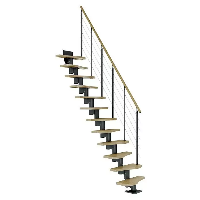 Dolle Mittelholmtreppe Basel - Breite: 64 mm, Anthrazitgrau, Variabel, Farbe Stufen: Eiche Natur, Geschosshöhe: 258 cm - 315 cm - Moderne freitragende Treppe mit hellen Holzstufen, dunkler Metallstruktur und Holzhandlauf mit Seilgeländer.