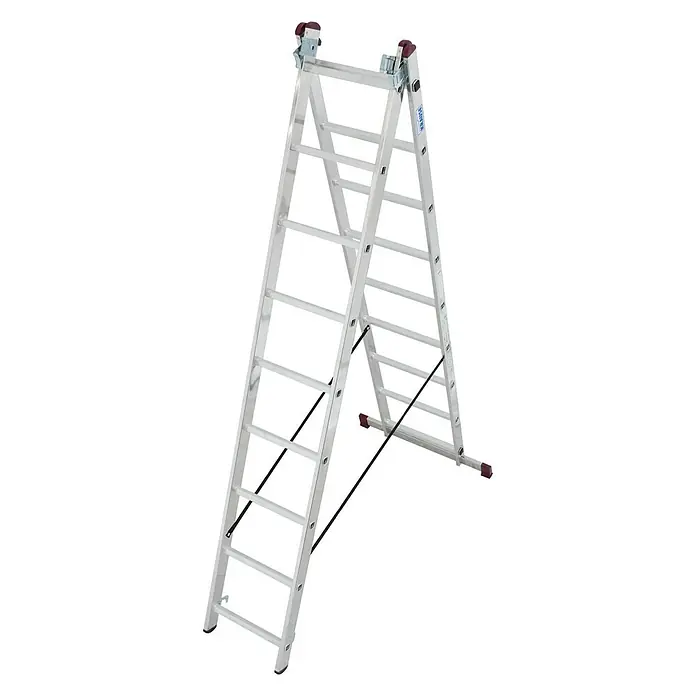 Krause Corda Escalera multiusos - Altura de trabajo: 6,2 m, Número de peldaños: 27 ud., Carga soportada: 150 kg, Aluminio - Escalera: Una escalera plegable plateada con detalles en rojo se muestra sobre un fondo blanco. Esta escalera es ideal para varios proyectos de bricolaje.
