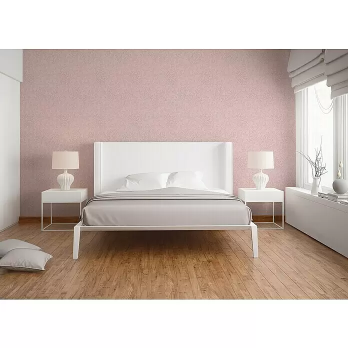 A.S. Création Trendwall 2 Vliestapete Blumen - Rosa, Floral, 10,05 x 0,53 m - Rosa Tapete mit dezentem botanischem Muster an einer Schlafzimmerwand.