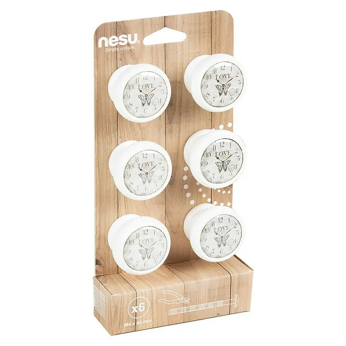 Nesu Pomo para muebles Reloj Love 6 uds. - 6 ud., Ø x Al: 40 x 29 mm, Madera - Un paquete de seis pomos para muebles Nesu de estilo vintage, con una esfera de reloj impresa y la palabra "Love".