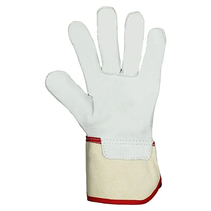 Hase Safety Arbeitshandschuhe Bremen - Handschuhgröße: 10, Weiß - Nahaufnahme eines weißen Lederhandschuhs mit roter Umrandung und beigem Stoffmanschette.
