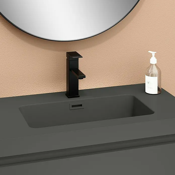 Artysan Conjunto de mueble de baño Kenia - Ancho: 80 cm, Ancho total del mueble de baño: 80 cm, Antracita, Mate, 2 pzs. - Lavabo moderno con grifo negro elegante, dispensador de jabón y espejo redondo. Eleva tu baño con este diseño actual y funcional.
