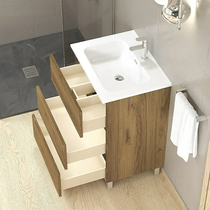 Artysan Conjunto de mueble de baño Basic 3C - Ancho: 60 cm, Ancho total del mueble de baño: 60 cm, Roble waira, 3 pzs. - Mueble de baño con sistema de cajones abiertos. El lavabo es blanco y la madera tiene una veta natural. Mueble de baño elegante.