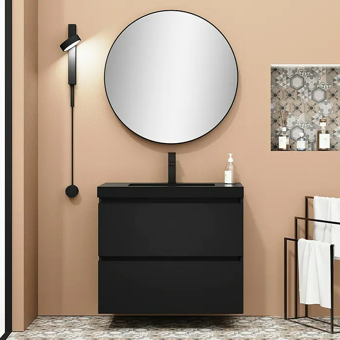 Artysan Conjunto de mueble de baño Kenia - Ancho: 80 cm, Ancho total del mueble de baño: 80 cm, Negro, Mate, 2 pzs. - Elegante baño con un elegante mueble de tocador negro, espejo redondo y aplique moderno.