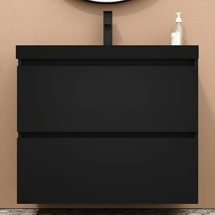 Artysan Conjunto de mueble de baño Kenia - Ancho: 80 cm, Ancho total del mueble de baño: 80 cm, Negro, Mate, 2 pzs. - Mueble de baño negro con dos cajones, diseño minimalista, ideal para baños modernos.