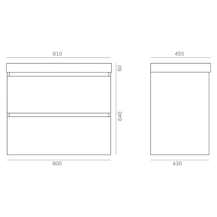 Artysan Conjunto de mueble de baño Kenia - Ancho: 80 cm, Ancho total del mueble de baño: 80 cm, Negro, Mate, 2 pzs. - Detalles del armario: Un dibujo técnico presenta las dimensiones del armario, mostrando vistas frontal y lateral. Las medidas están en milímetros.